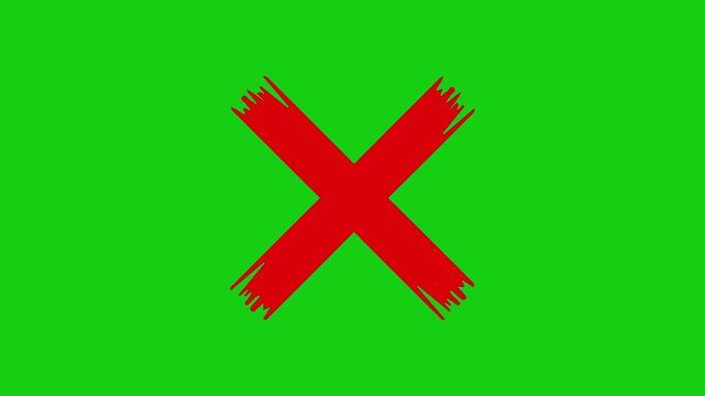red cross mark animation on green screen with brush stroke texture. rejection and wrong mark symbol, x symbol for error and rejection on chroma key.