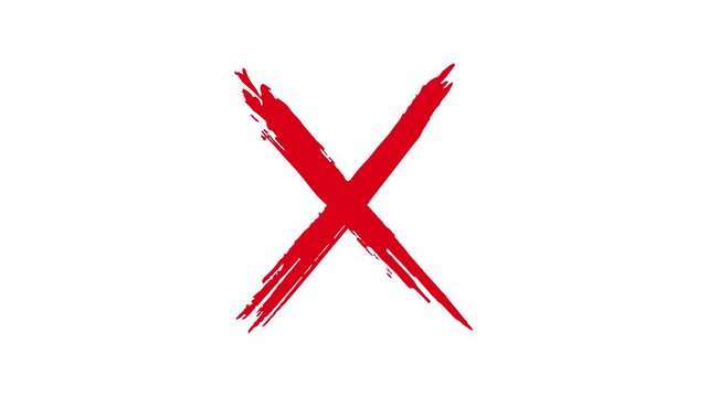 red cross mark animation with brush stroke texture on white background. red x sign for error wrong and rejection symbol, hand drawn style red cross mark animated.