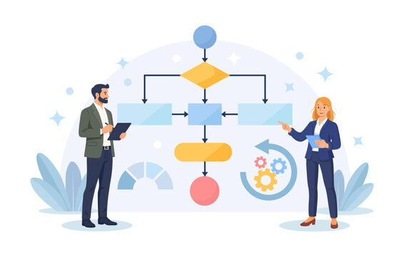Business process, workflow diagram, flowchart to get result. Businessman drawing map for business procedure. Effective plan for organization business tasks. Work strategy framework. Flat illustration