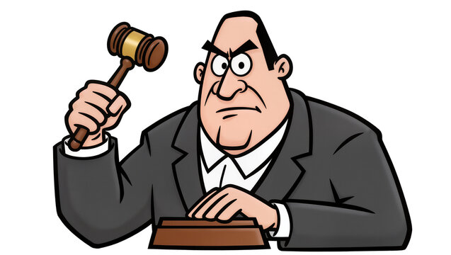 Stern judge holding wooden gavel, presiding over courtroom proceedings