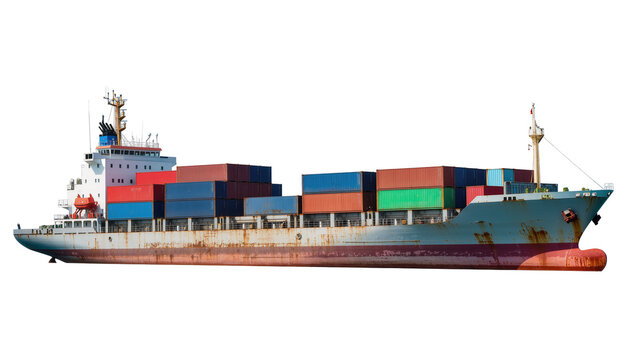 Weathered rusty cargo ship stacked with blue red, and green shipping containers
