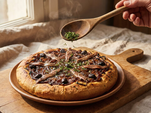 Pissaladi&egrave;re with Thyme on Rustic Plate, Artisanal Bakery Style