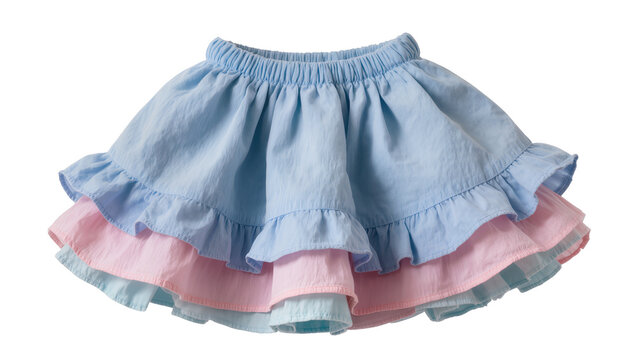 Tiered baby girl skirt light blue top, pink ruffled hem