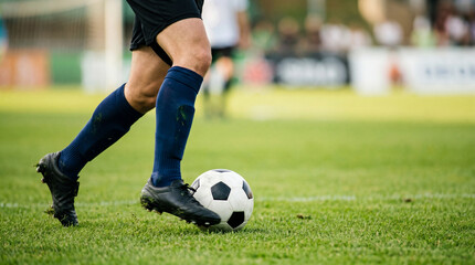 Obraz premium A soccer player's legs in black cleats and blue socks dribbling a black and white ball on a green grass field during a game.