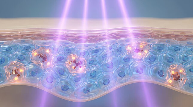 UV damage skin layers 3d illustration shows epidermis cell under ultraviolet light with inflammation and repair concept for dermatology skincare education background with realistic texture