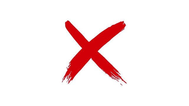 red cross mark animation with brush stroke texture on white background. red x sign for error wrong and rejection symbol, hand drawn style red cross mark animated.
