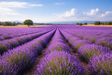 Obraz premium Vast lavender fields under a blue sky with scattered clouds.