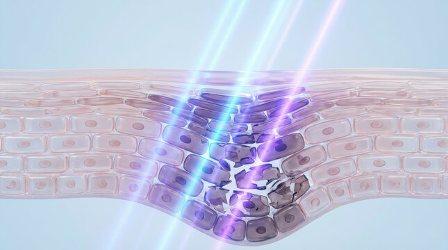 Uv damage skin layers light beam break cell concept medical illustration showing ultraviolet radiation causing epidermis damage across skin layers with purple glow and cracked tissue