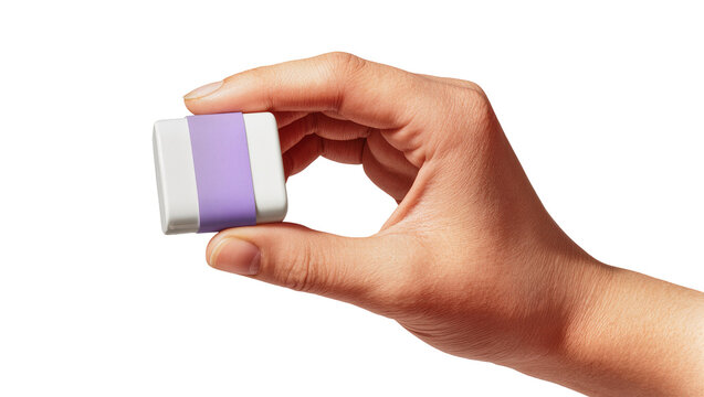 Tan human hand holding rectangular two-tone eraser, purple and white