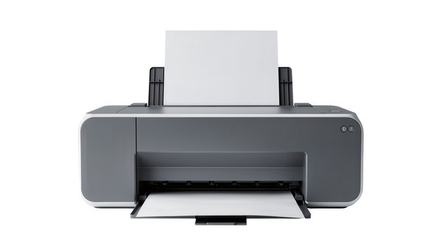 Modern gray inkjet printer ejecting blank paper, featuring black control panel