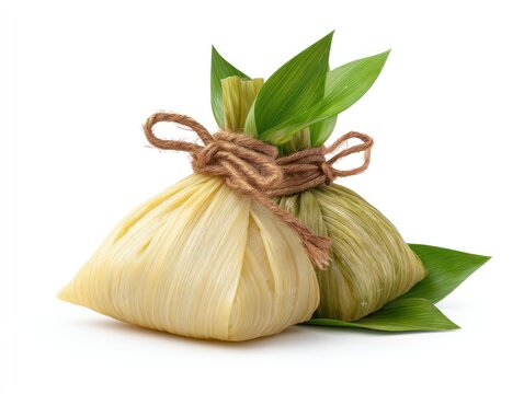 Wrapped food tied with string and leaves isolated