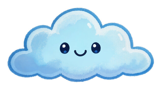Cute lightblue fluffy cloud character smiling, with large round eyes