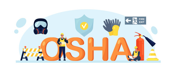 Naklejka premium OSHA typographic header. Occupational safety regulations, health inspection. Government service protecting safety at job. Worker security protection policy. Employee life insurance, injury prevention