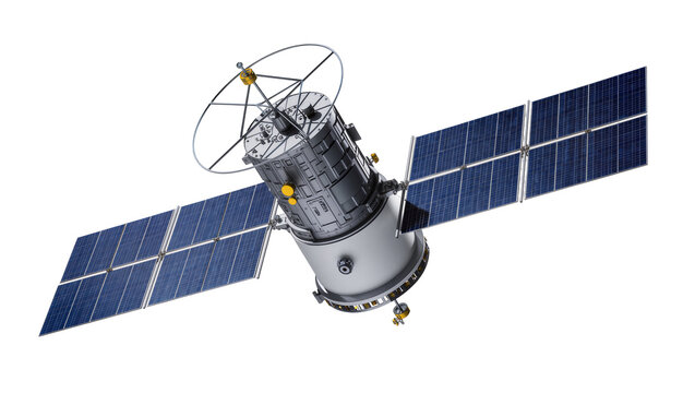 Modern communication satellite orbiting Earth, featuring extended solar panels and antenna arrays
