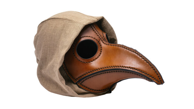 Vintage brown leather plague doctor mask, featuring a long beak and draped beige fabric cowl