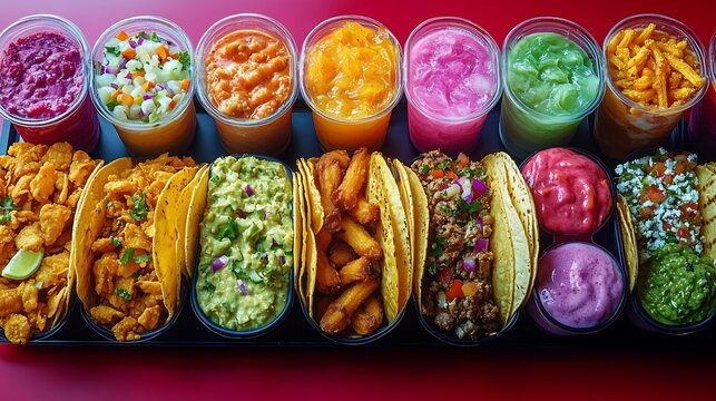 Vibrant fast food spread from a food truck featuring loaded nachos crispy tacos churros and slushies The colorful packaging reflects the lively atmosphere of an outdoor festival