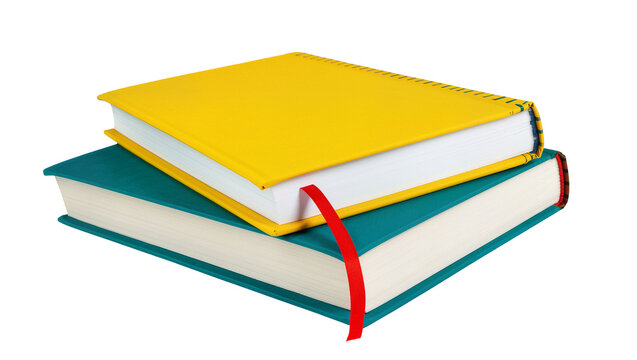 Stacked spiral notebooks yellow top book green bottom books, red ribbon bookmark
