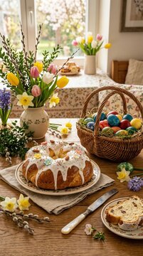 Festive Easter Table with Bread and Eggs