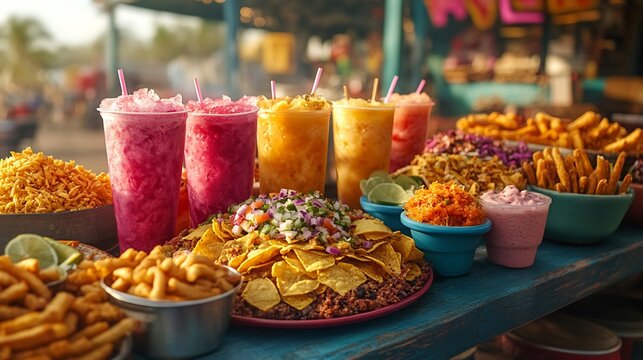 Vibrant fast food spread from a food truck featuring loaded nachos crispy tacos churros and slushies The colorful packaging reflects the lively atmosphere of an outdoor festival