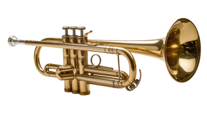 Obraz premium Shiny brass trumpet with valves mouthpiece, and bell showing musical instrument detail
