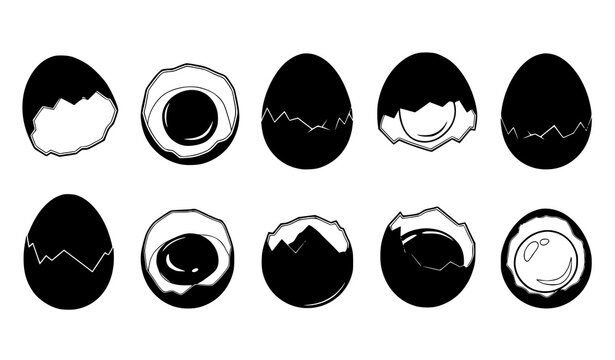 Top view cracked egg silhouettes black vector icon set