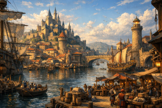 A picturesque medieval town with a castle, boats, and market by the river.