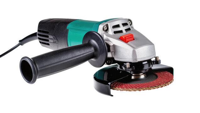 Green silver angle grinder with black cord, featuring abrasive cutting disc