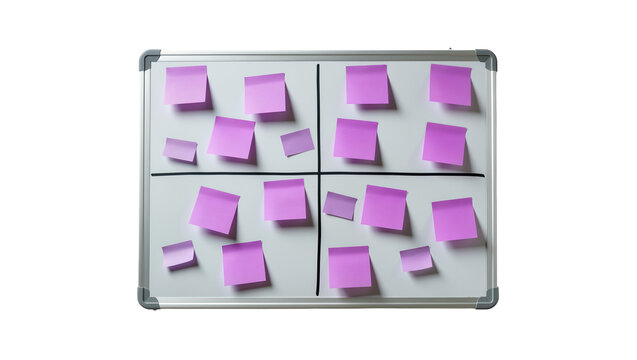 Silver framed corkboard displays multiple scattered pink sticky notes, organized into quadrants