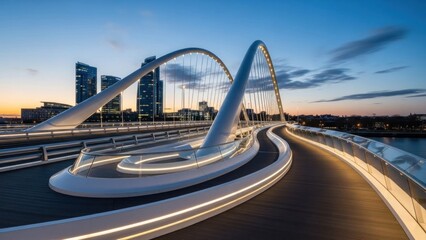 Fototapeta premium A futuristic curved bridge with arched supports and illuminated walkways stretches across a body of water, set against a vibrant cityscape at dusk