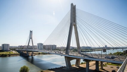 Fototapeta premium A large cable-stayed bridge with two A-shaped towers spans a river, connecting the cityscape on both sides under a clear blue sky