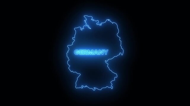 Glowing bright neon Germany map with lens flare animation isolated on black background