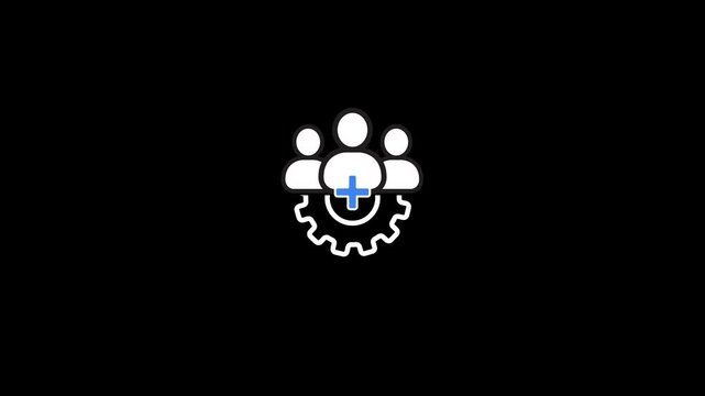 Gear icon with three stylized human, healthcare services animation isolated on black background