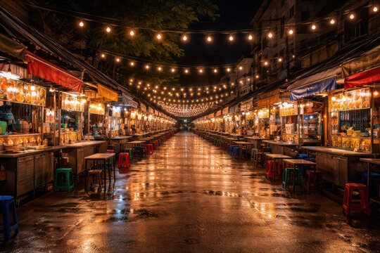 Night market with illuminated stalls and wet pavement reflecting lights.