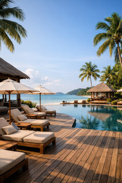 Tropical resort with loungers and pool by the beach under palm trees.