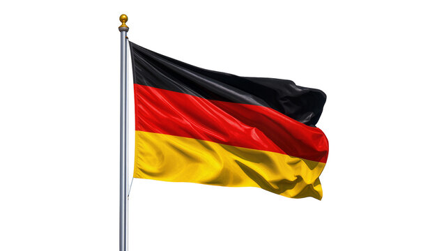 Waving German national flag billowing in wind, attached to a silver flagpole
