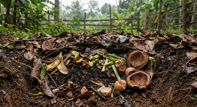 Backyard compost pit with organic waste in Kerala village setting