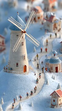 Community building wind turbine in snowy village teamwork scene white background