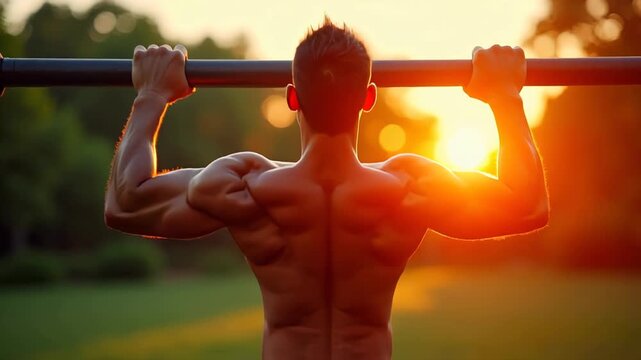 Muscular man doing pull-ups on outdoor bar at sunrise, sweat glistening on skin, green park bokeh background, dynamic cinematic fitness video warm tones