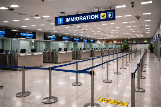 Empty immigration area in an airport with waiting lines and counters.