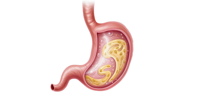 Pink human stomach showing internal layers digestive process, and food particles