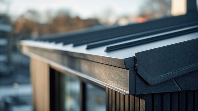 A modern building's flat roof with black alucobond panels and sleek metal trim, showcasing contemporary architectural design