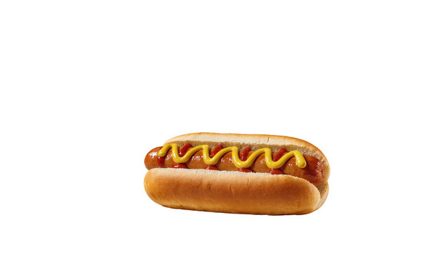 Classic beef hotdog nestled in soft bun, topped with vibrant ketchup swirls