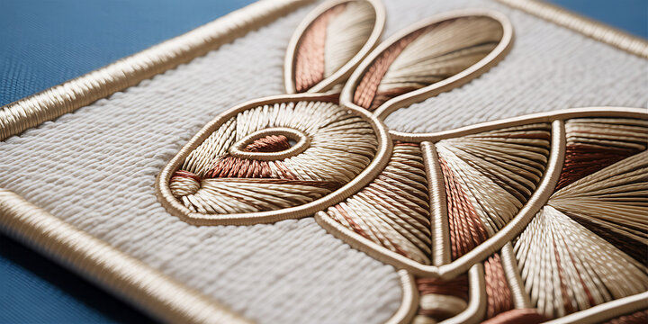 Embroidered rabbit design on white fabric patch with gold threads