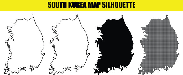 South korea map silhouette collection featuring four distinct styles including solid outline and dotted graphics. © Md Asif Shahnaoaz