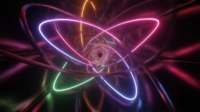 Glowing atomic structure with colorful elliptical loops, symbolizing energy, motion, and quantum mechanics.
