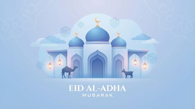 Eid al adha festival mosque illustration with glowing lanterns camel goat silhouettes decorative islamic motifs serene background symbolizing faith tradition culture spirituality peace harmony and cel