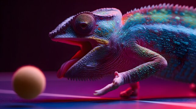 Colorful chameleon leaps with open mouth, striking pose