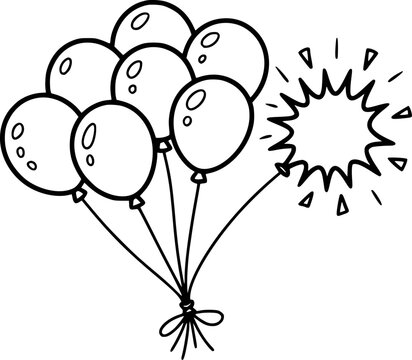 Bunch of Outline Balloons Tied with Ribbon and Exploding Starburst party celebration