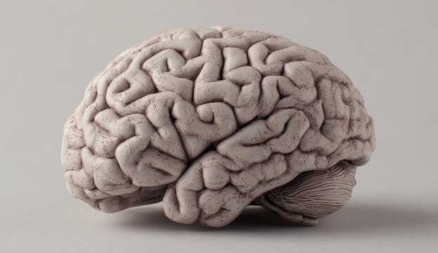 Human brain model made of clay with intricate folds and textured surface on a neutral gray background