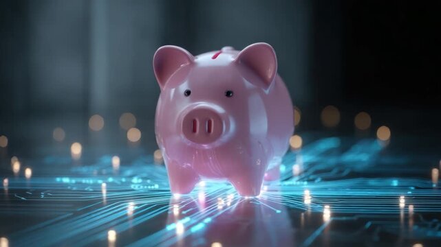 Piggy Bank in the Digital World: A classic pink piggy bank stands confidently atop an illuminated circuit board, embodying the fusion of traditional savings with the cutting-edge financial world.
